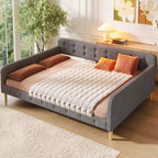 Queen Size Upholstered Daybed with Button Tufted Backrest, Linen Sofa Bed with 4 Support Legs, Gray