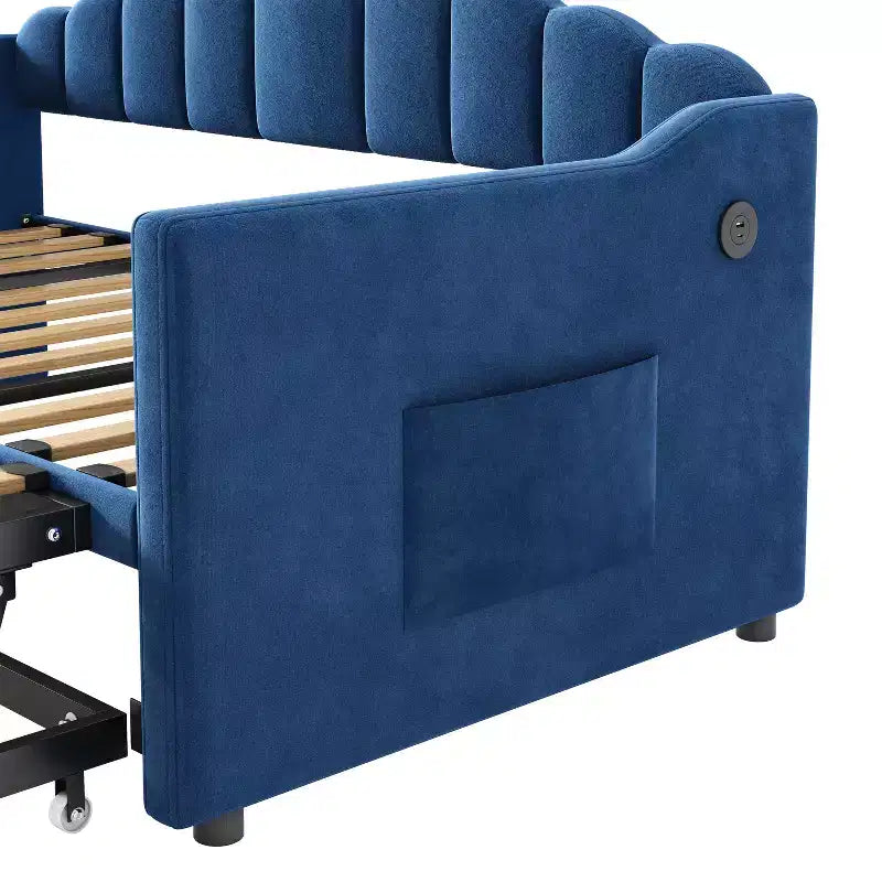 Divano letto imbottito singolo con rotelle estraibili ad altezza regolabile, divano letto estensibile con porta di ricarica e tasche laterali per la camera da letto, blu
