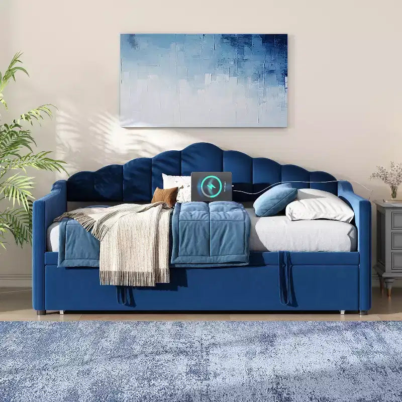 Divano letto imbottito singolo con rotelle estraibili ad altezza regolabile, divano letto estensibile con porta di ricarica e tasche laterali per la camera da letto, blu