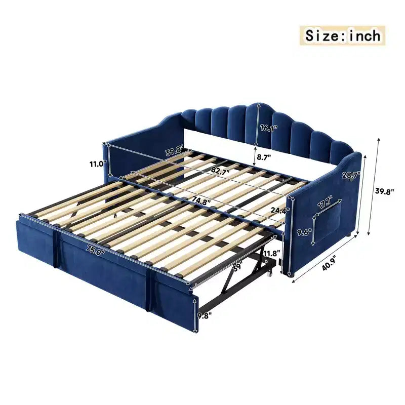 Divano letto imbottito singolo con rotelle estraibili ad altezza regolabile, divano letto estensibile con porta di ricarica e tasche laterali per la camera da letto, blu