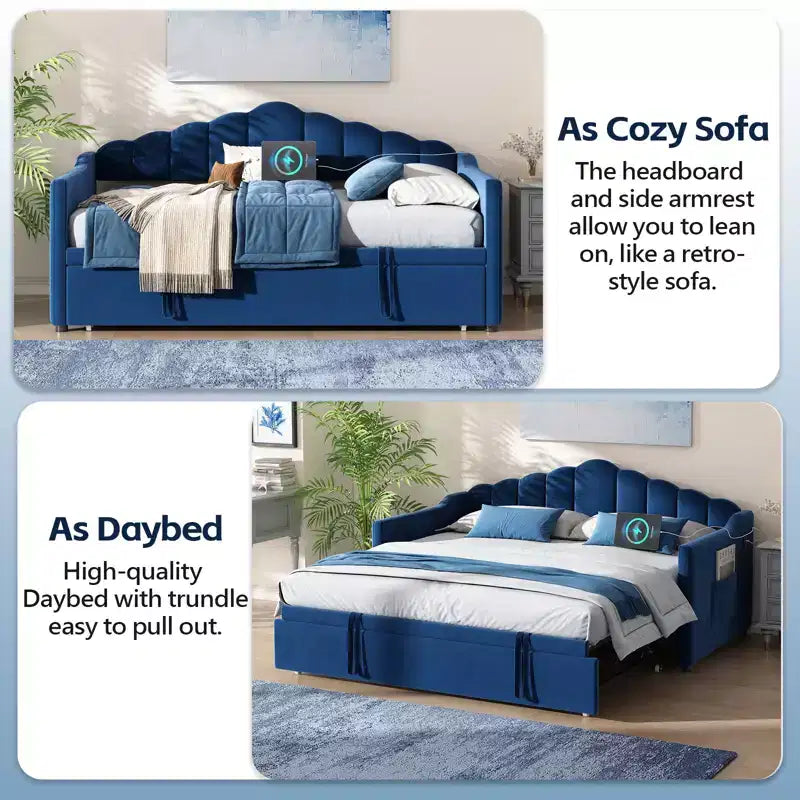 Divano letto imbottito singolo con rotelle estraibili ad altezza regolabile, divano letto estensibile con porta di ricarica e tasche laterali per la camera da letto, blu