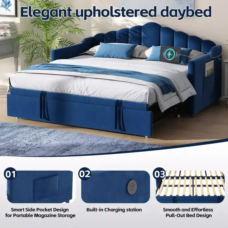 Divano letto imbottito singolo con rotelle estraibili ad altezza regolabile, divano letto estensibile con porta di ricarica e tasche laterali per la camera da letto, blu