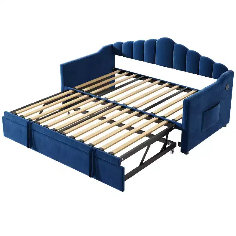 Divano letto imbottito singolo con rotelle estraibili ad altezza regolabile, divano letto estensibile con porta di ricarica e tasche laterali per la camera da letto, blu