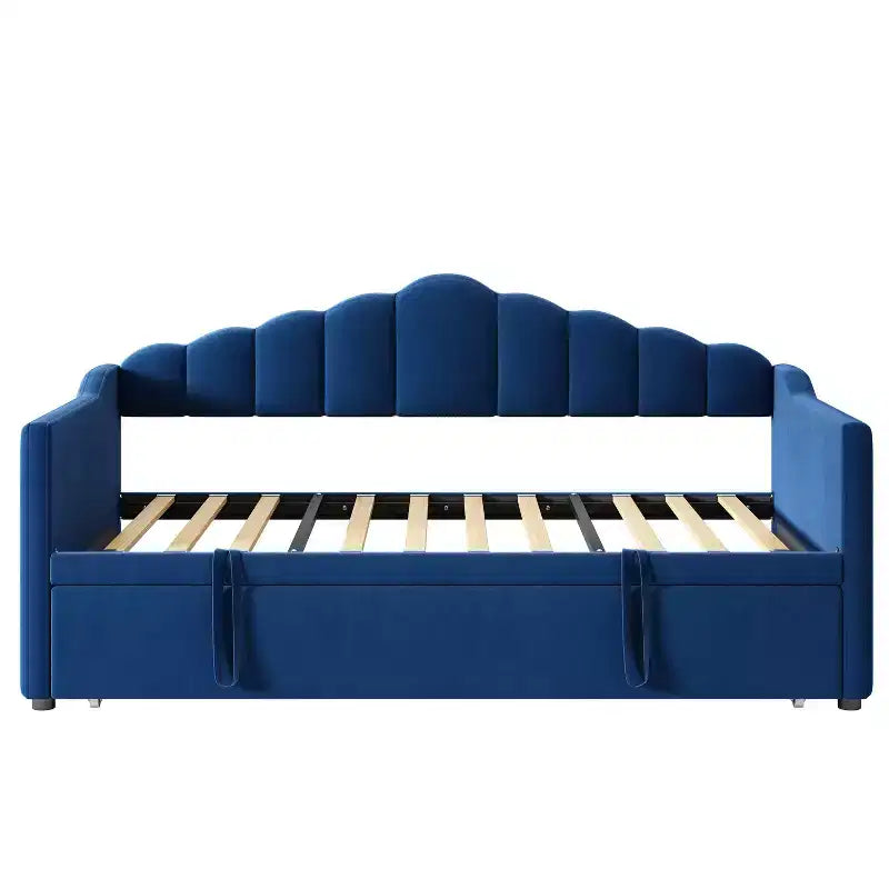Divano letto imbottito singolo con rotelle estraibili ad altezza regolabile, divano letto estensibile con porta di ricarica e tasche laterali per la camera da letto, blu
