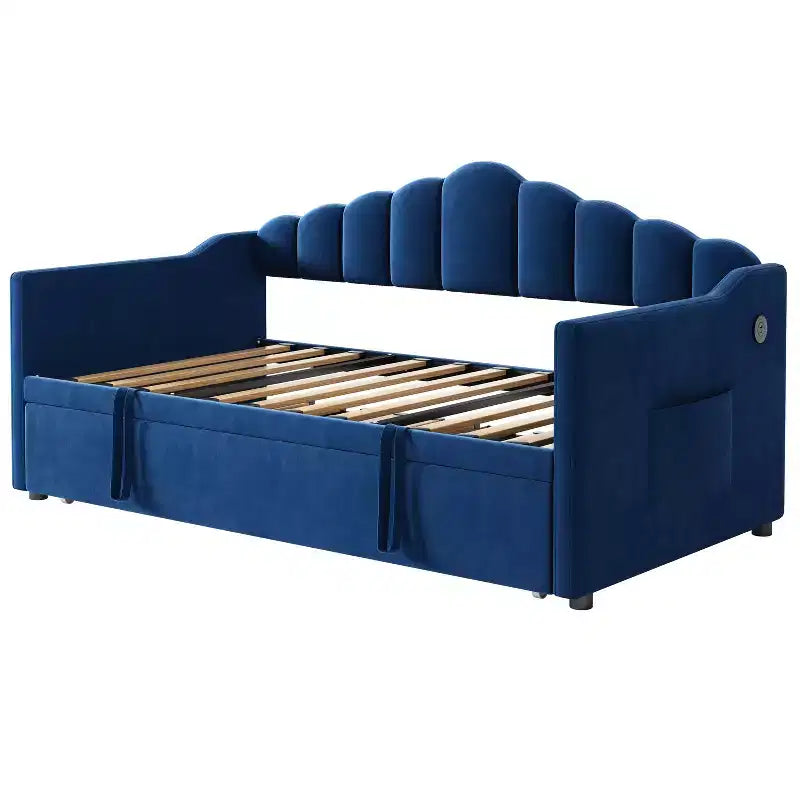 Divano letto imbottito singolo con rotelle estraibili ad altezza regolabile, divano letto estensibile con porta di ricarica e tasche laterali per la camera da letto, blu