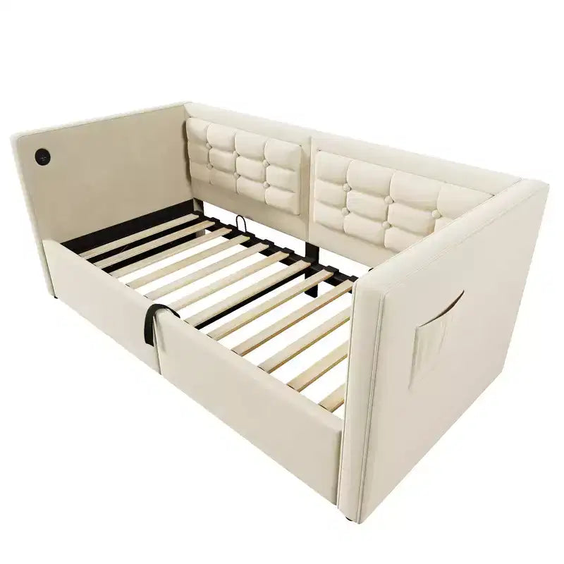 Divano letto singolo imbottito, Struttura letto singolo con contenitore idraulico, Struttura letto divano in velluto con schienale trapuntato