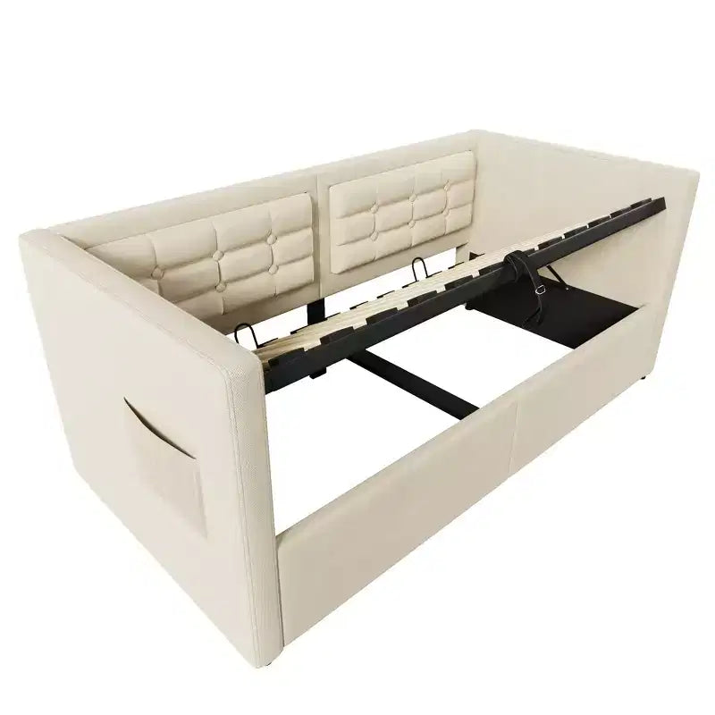 Divano letto singolo imbottito, Struttura letto singolo con contenitore idraulico, Struttura letto divano in velluto con schienale trapuntato