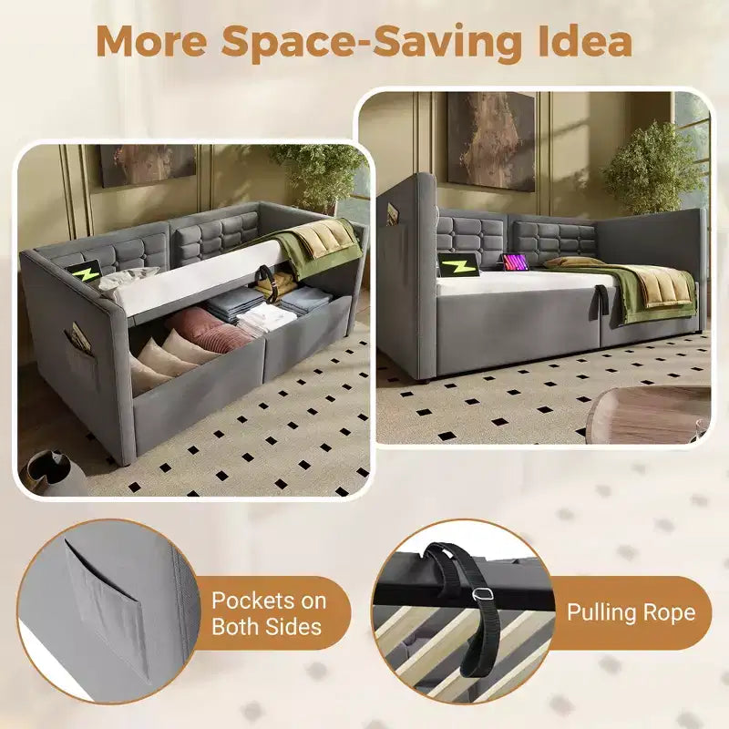 Divano letto singolo imbottito, Struttura letto singolo con contenitore idraulico, Struttura letto divano in velluto con schienale trapuntato