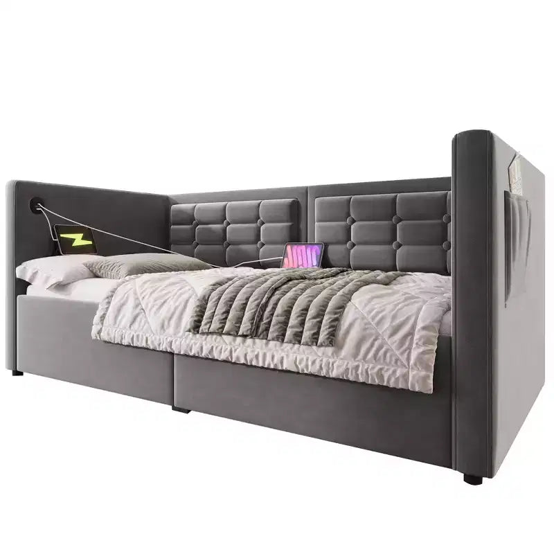 Divano letto singolo imbottito, Struttura letto singolo con contenitore idraulico, Struttura letto divano in velluto con schienale trapuntato