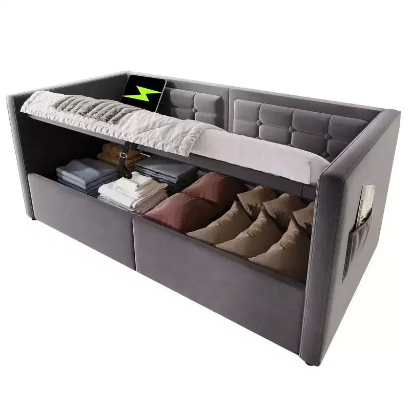 Divano letto singolo imbottito, Struttura letto singolo con contenitore idraulico, Struttura letto divano in velluto con schienale trapuntato