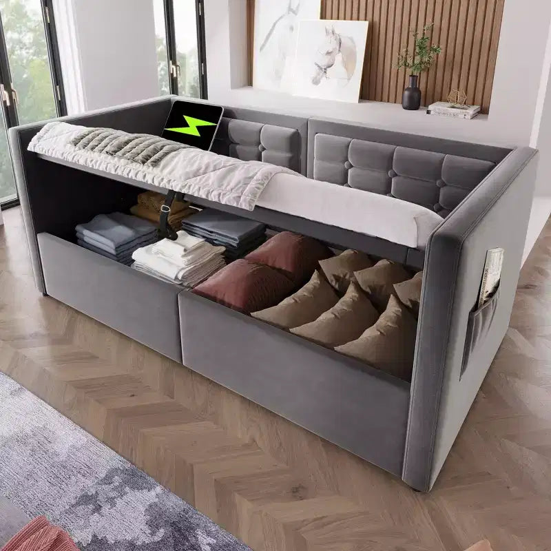 Divano letto singolo imbottito, Struttura letto singolo con contenitore idraulico, Struttura letto divano in velluto con schienale trapuntato