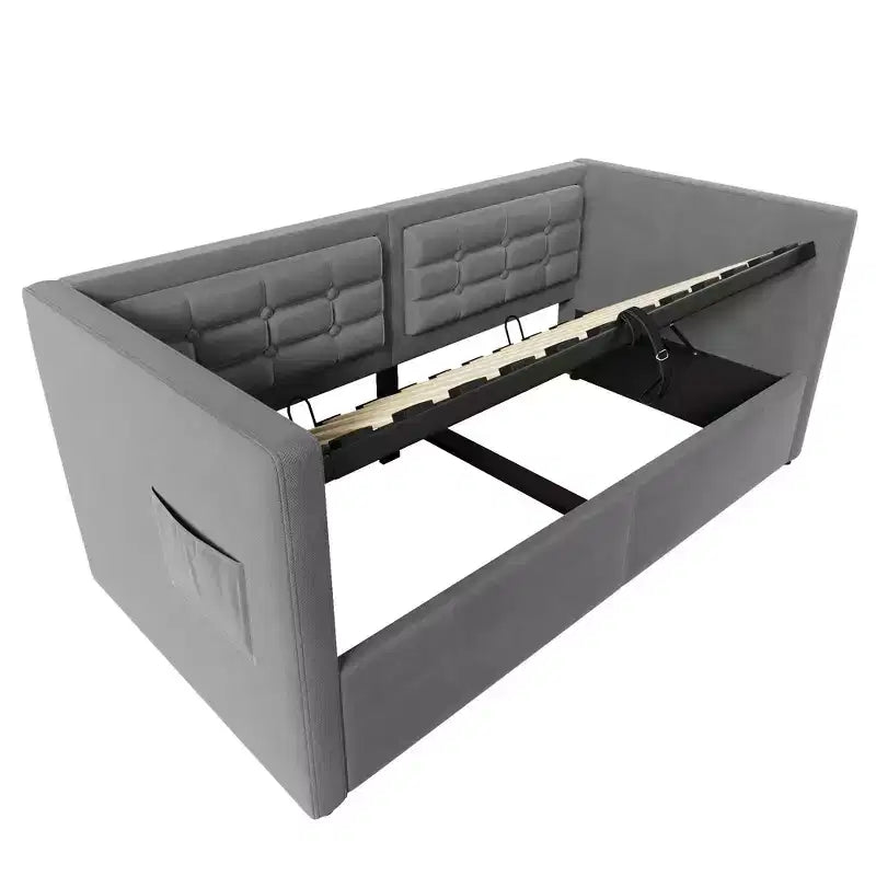 Divano letto singolo imbottito, Struttura letto singolo con contenitore idraulico, Struttura letto divano in velluto con schienale trapuntato