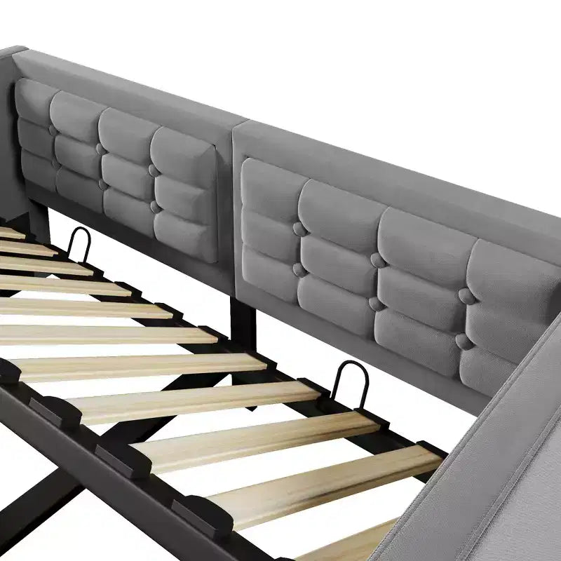 Divano letto singolo imbottito, Struttura letto singolo con contenitore idraulico, Struttura letto divano in velluto con schienale trapuntato