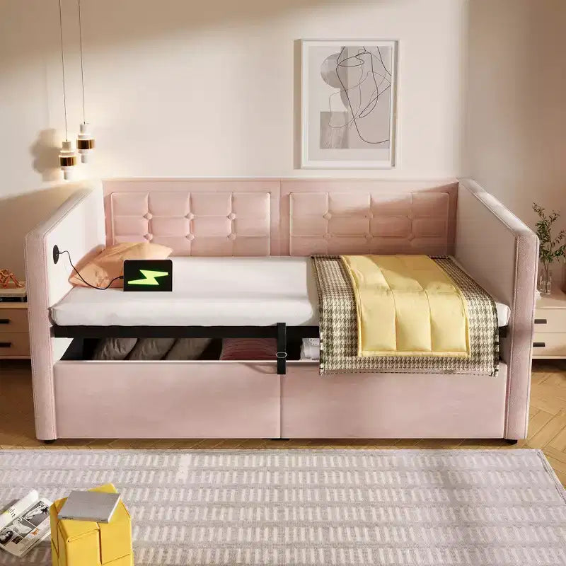 Divano letto singolo imbottito, Struttura letto singolo con contenitore idraulico, Struttura letto divano in velluto con schienale trapuntato