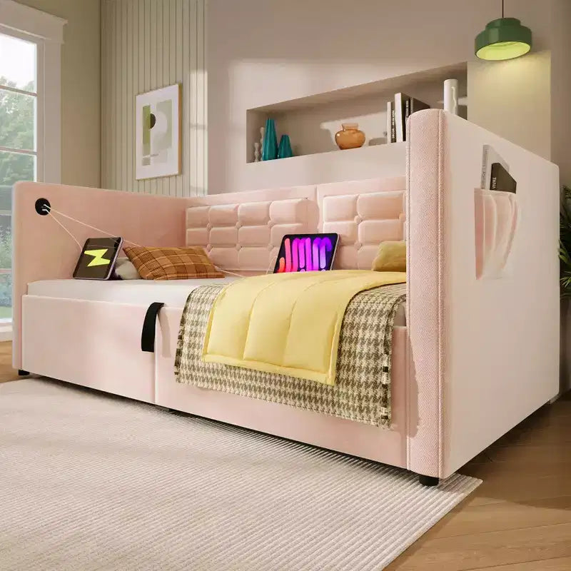 Divano letto singolo imbottito, Struttura letto singolo con contenitore idraulico, Struttura letto divano in velluto con schienale trapuntato