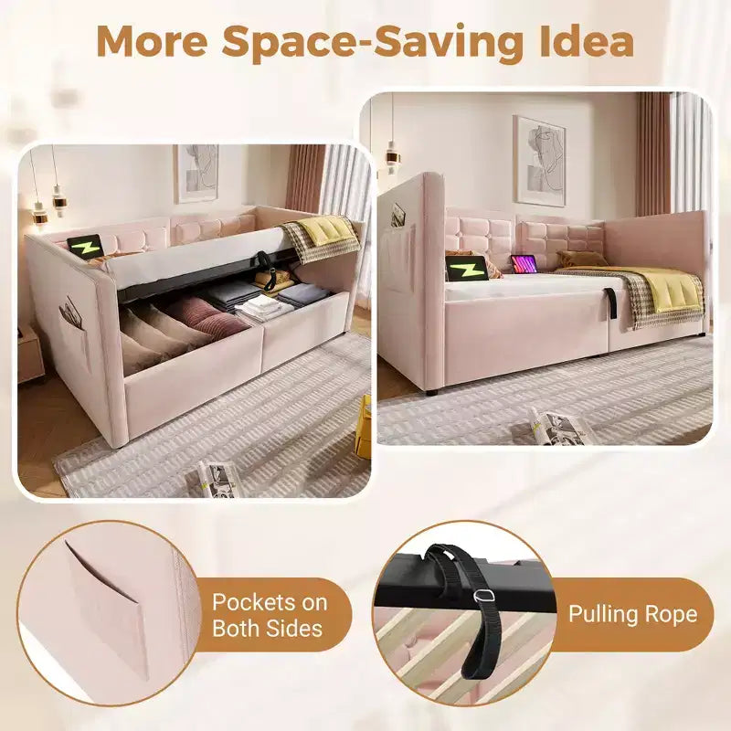 Divano letto singolo imbottito, Struttura letto singolo con contenitore idraulico, Struttura letto divano in velluto con schienale trapuntato