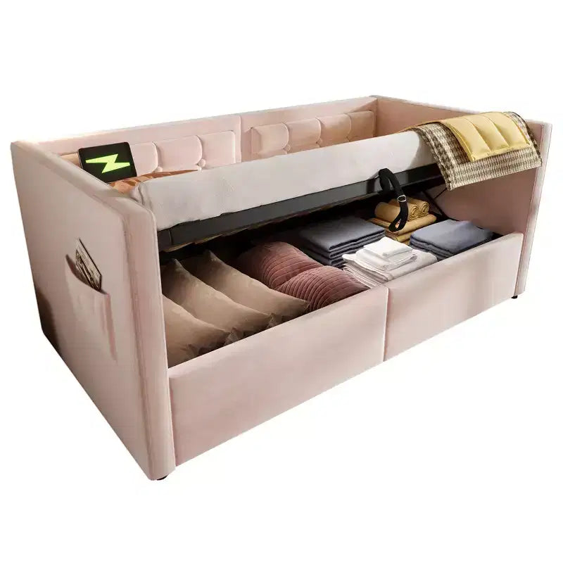 Divano letto singolo imbottito, Struttura letto singolo con contenitore idraulico, Struttura letto divano in velluto con schienale trapuntato