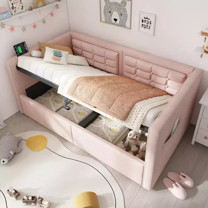 Divano letto singolo imbottito, Struttura letto singolo con contenitore idraulico, Struttura letto divano in velluto con schienale trapuntato