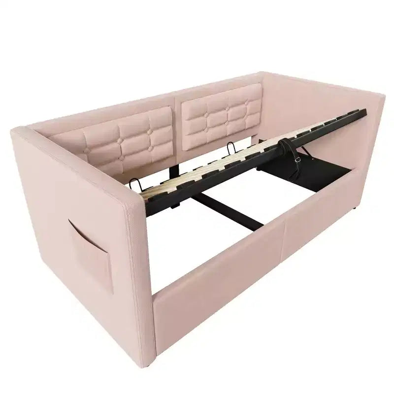 Divano letto singolo imbottito, Struttura letto singolo con contenitore idraulico, Struttura letto divano in velluto con schienale trapuntato