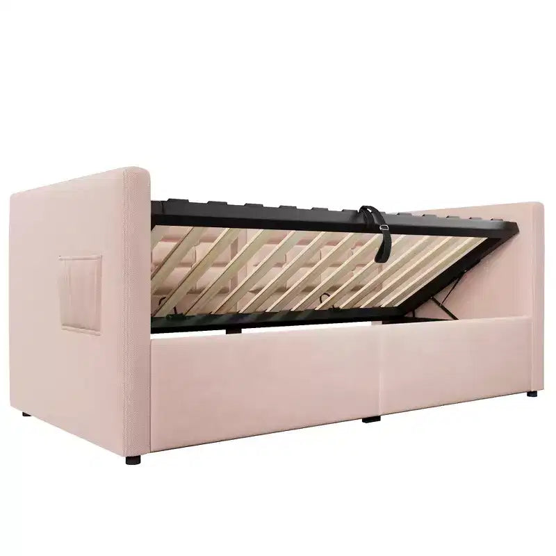 Divano letto singolo imbottito, Struttura letto singolo con contenitore idraulico, Struttura letto divano in velluto con schienale trapuntato