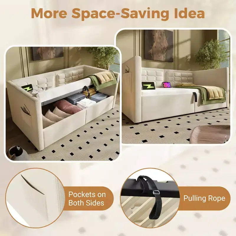 Divano letto singolo imbottito, Struttura letto singolo con contenitore idraulico, Struttura letto divano in velluto con schienale trapuntato