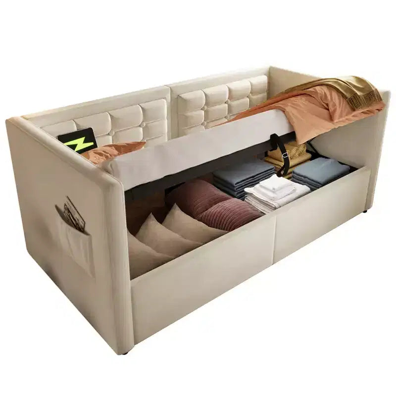 Divano letto singolo imbottito, Struttura letto singolo con contenitore idraulico, Struttura letto divano in velluto con schienale trapuntato