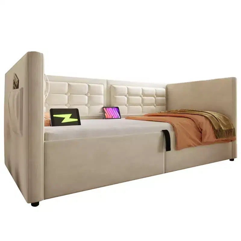 Divano letto singolo imbottito, Struttura letto singolo con contenitore idraulico, Struttura letto divano in velluto con schienale trapuntato