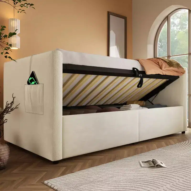 Divano letto singolo imbottito, Struttura letto singolo con contenitore idraulico, Struttura letto divano in velluto con schienale trapuntato