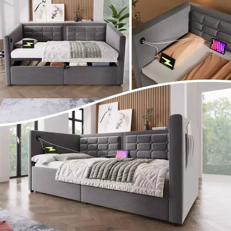 Divano letto singolo imbottito, Struttura letto singolo con contenitore idraulico, Struttura letto divano in velluto con schienale trapuntato