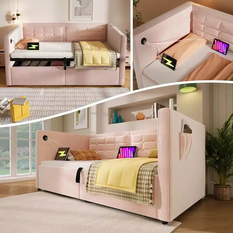 Divano letto singolo imbottito, Struttura letto singolo con contenitore idraulico, Struttura letto divano in velluto con schienale trapuntato