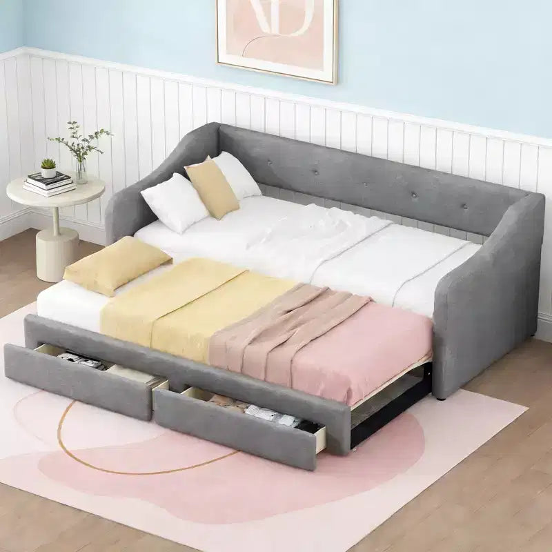 Luxystar Divano Letto Moderno a Una Piazza e Mezza in Lino con 2 Cassetti, Estensibile a Letto Matrimoniale
