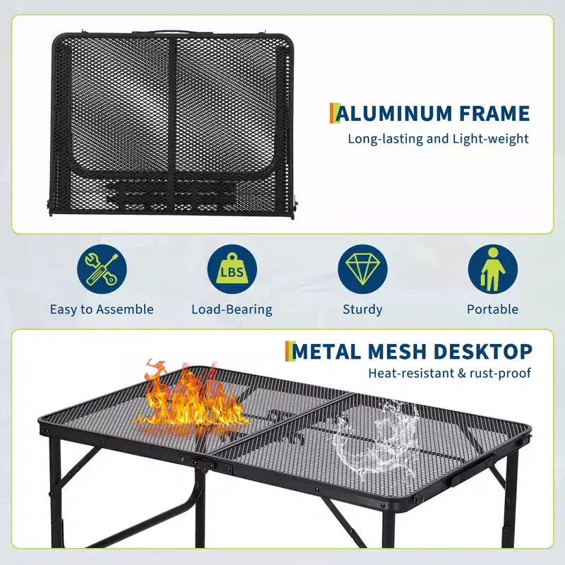 COZONY Tavolo Pieghevole per Griglia 90x60cm, Tavolo da Campeggio Portatile Regolabile in Altezza con Piano in Rete per Barbecue all'aperto