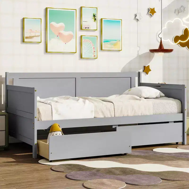 Divano Letto Singolo con Due Cassetti Contenitore, Letto a Piattaforma in Legno con Contenitore per Camera da Letto