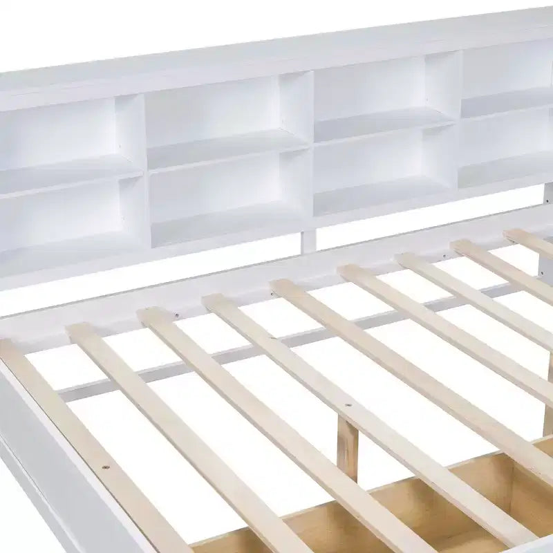 MAYEERTY Divano letto matrimoniale in legno con 2 cassetti, ripiano portaoggetti e porte per camera da letto, colore bianco