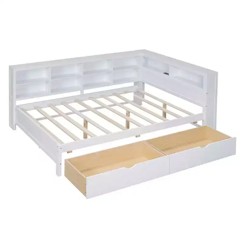 MAYEERTY Divano letto matrimoniale in legno con 2 cassetti, ripiano portaoggetti e porte per camera da letto, colore bianco