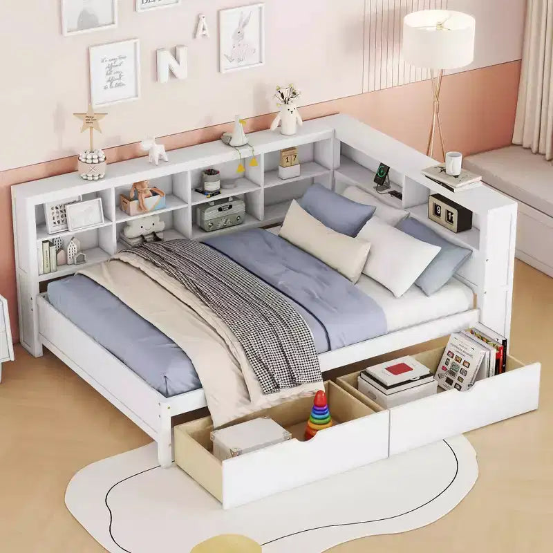 MAYEERTY Divano letto matrimoniale in legno con 2 cassetti, ripiano portaoggetti e porte per camera da letto, colore bianco