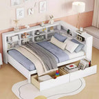 MAYEERTY Divano letto matrimoniale in legno con 2 cassetti, ripiano portaoggetti e porte per camera da letto, colore bianco