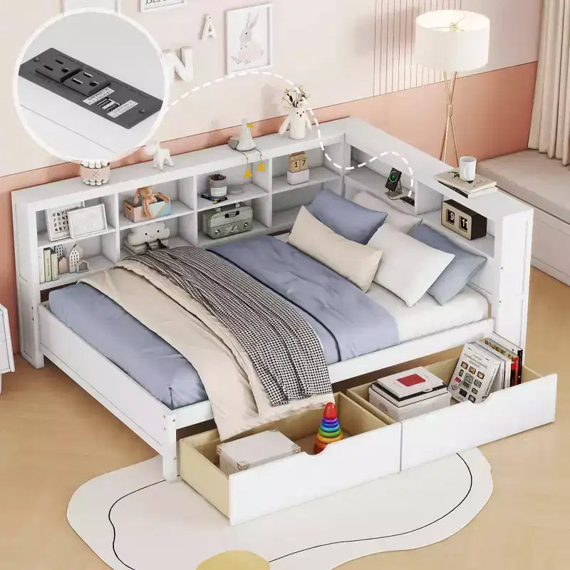 MAYEERTY Divano letto matrimoniale in legno con 2 cassetti, ripiano portaoggetti e porte per camera da letto, colore bianco
