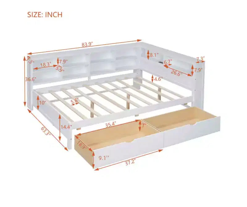 MAYEERTY Divano letto matrimoniale in legno con 2 cassetti, ripiano portaoggetti e porte per camera da letto, colore bianco