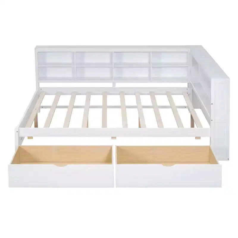 MAYEERTY Divano letto matrimoniale in legno con 2 cassetti, ripiano portaoggetti e porte per camera da letto, colore bianco