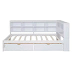 MAYEERTY Divano letto matrimoniale in legno con 2 cassetti, ripiano portaoggetti e porte per camera da letto, colore bianco