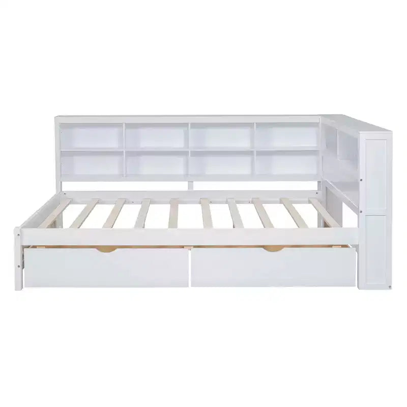 MAYEERTY Divano letto matrimoniale in legno con 2 cassetti, ripiano portaoggetti e porte per camera da letto, colore bianco