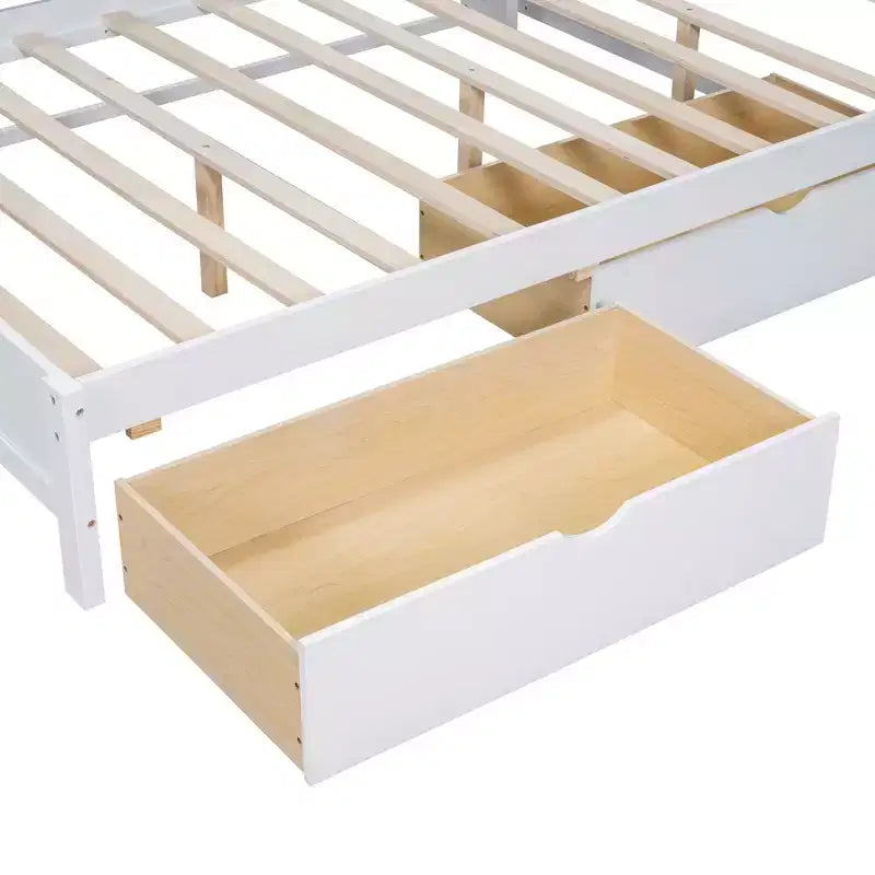 MAYEERTY Divano letto matrimoniale in legno con 2 cassetti, ripiano portaoggetti e porte per camera da letto, colore bianco