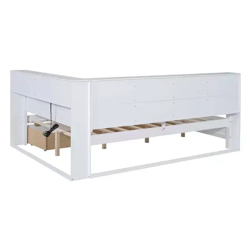 MAYEERTY Divano letto matrimoniale in legno con 2 cassetti, ripiano portaoggetti e porte per camera da letto, colore bianco
