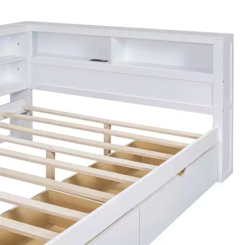 MAYEERTY Divano letto matrimoniale in legno con 2 cassetti, ripiano portaoggetti e porte per camera da letto, colore bianco