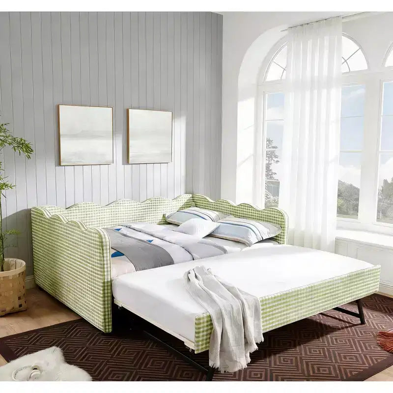Bellemave Lettino a Giorno Gingham Full Size con Porta USB e Letto Estraibile, Struttura Letto a Onde per Camera da Letto e Soggiorno.