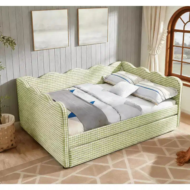 Bellemave Lettino a Giorno Gingham Full Size con Porta USB e Letto Estraibile, Struttura Letto a Onde per Camera da Letto e Soggiorno.