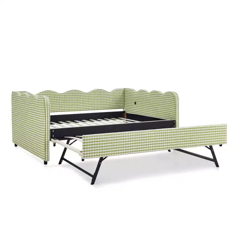Bellemave Lettino a Giorno Gingham Full Size con Porta USB e Letto Estraibile, Struttura Letto a Onde per Camera da Letto e Soggiorno.