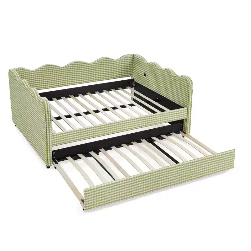 Bellemave Lettino a Giorno Gingham Full Size con Porta USB e Letto Estraibile, Struttura Letto a Onde per Camera da Letto e Soggiorno.