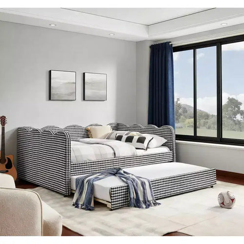 Bellemave Lettino a Giorno Gingham Full Size con Porta USB e Letto Estraibile, Struttura Letto a Onde per Camera da Letto e Soggiorno.